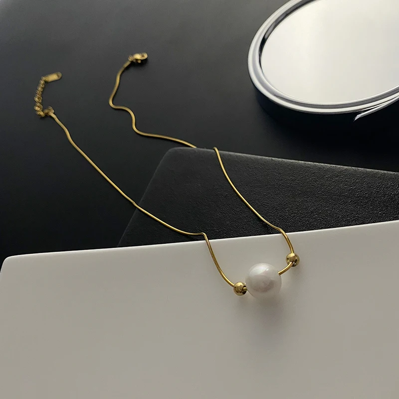 ANENJERY 316L Stainless Steel Pearl Necklace for Women Somple Niche Gold Color Clavicle Chain collares Jewelry Gift