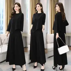 Elegant Long-sleeved Suit Plus Size Commute Top Trousers Set with Irregular Hem Blouse Wide Leg Culottes 2 Pcs/set for Women