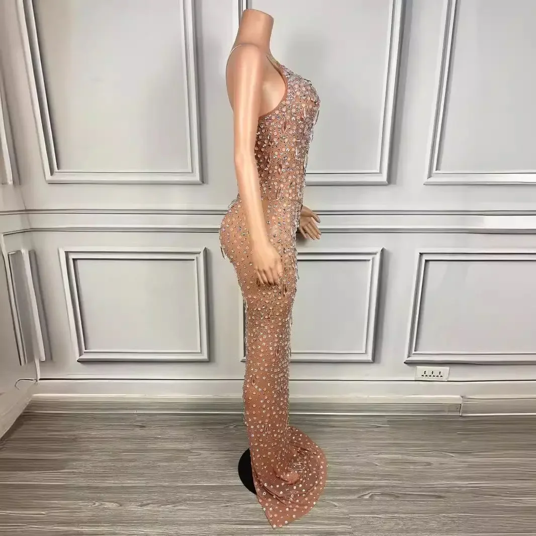 Vestido Sexy de malla transparente con diamantes brillantes, ropa de escenario para cantantes, actuación en club nocturno, fiesta de cumpleaños y Noche