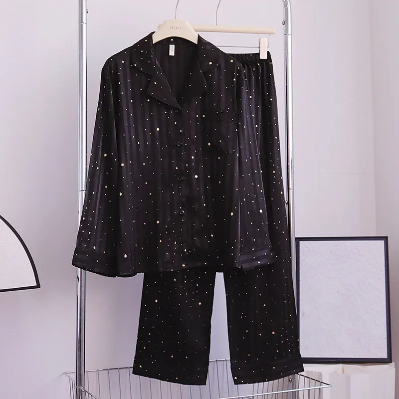 

Striped Long Sleeve Shirt Pants Pijamas Suit Women Sleepwear Pajamas Set Autumn Silk Satin Home Clothes Lounge Wear