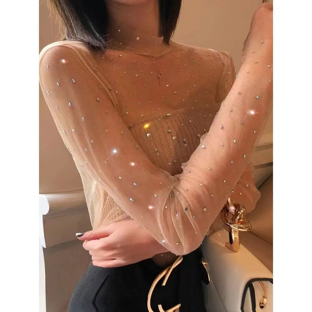 透明レースメッシュトップファッショナブルな透明インナースパンコールスプライシングベースシャツ女性用