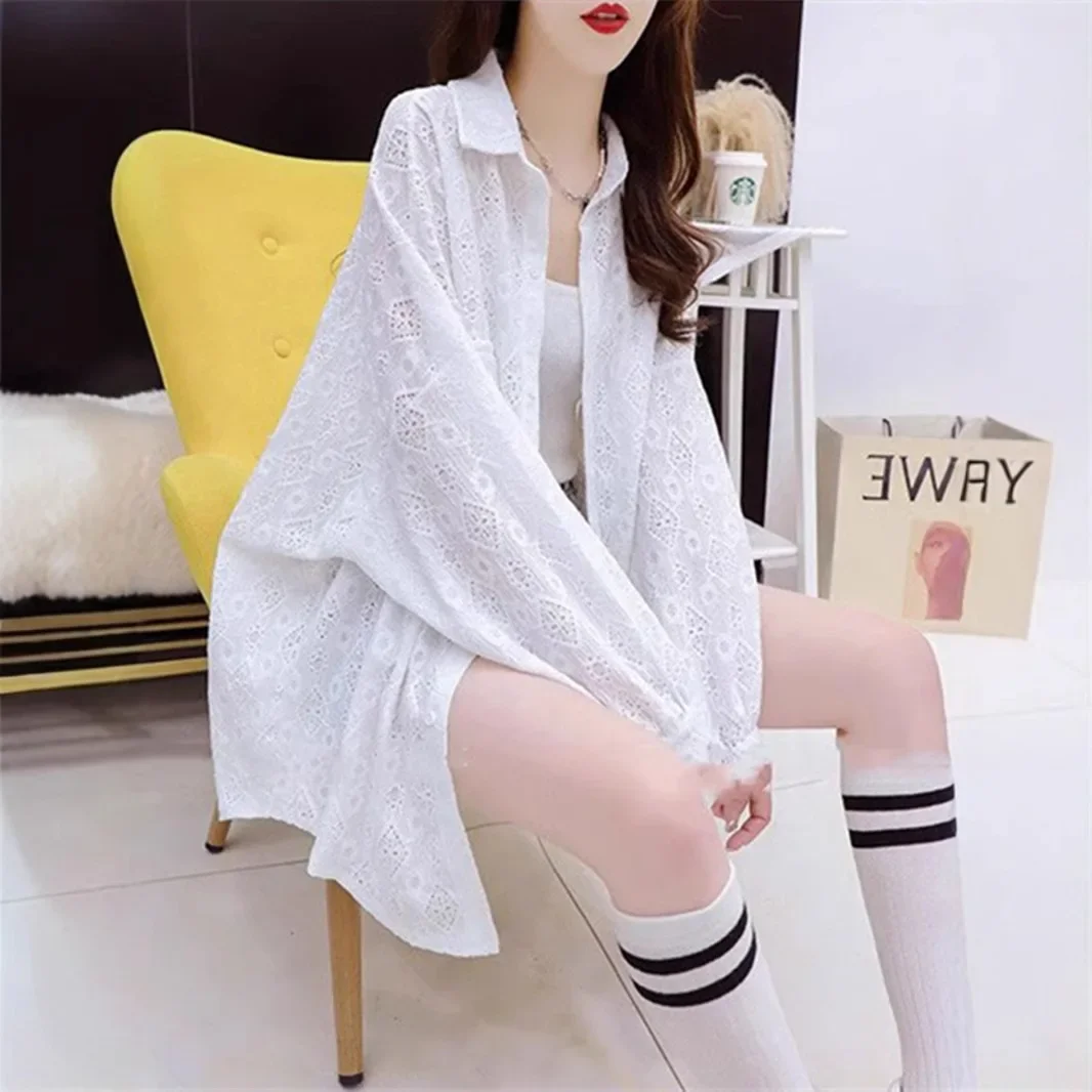 

Летняя жаккардовая рубашка с вырезами, женская, в корейском стиле, новая, тонкая, свободная, повседневная, солнцезащитная рубашка-куртка, топ