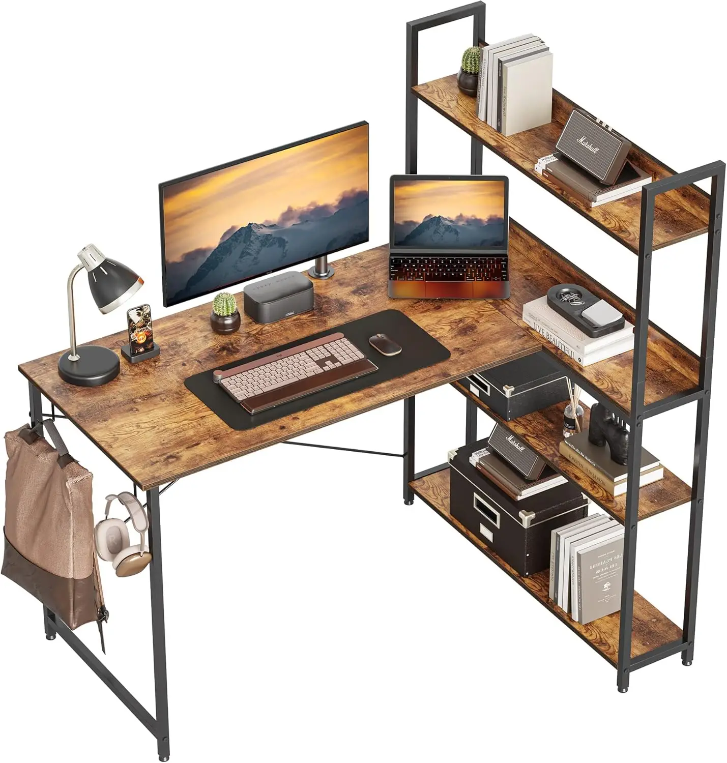 Bureau d'angle pour ordinateur avec étagères de rangement, bureau en forme de L réversible de 47 pouces avec étagère