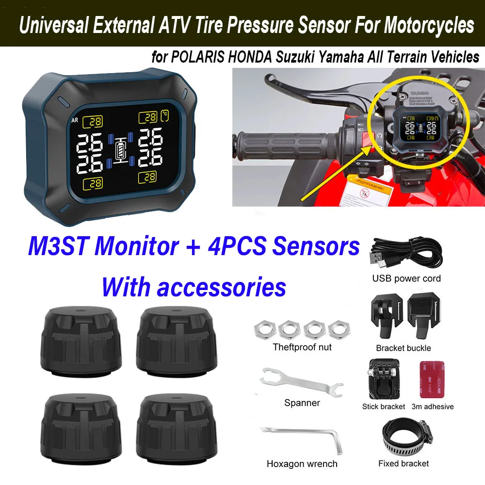 

Внешняя система контроля давления в шинах TPMS ATV M3ST монитор с ЖК-дисплеем, 4 датчика, универсальный для четырехколесных внедорожных мотоциклов