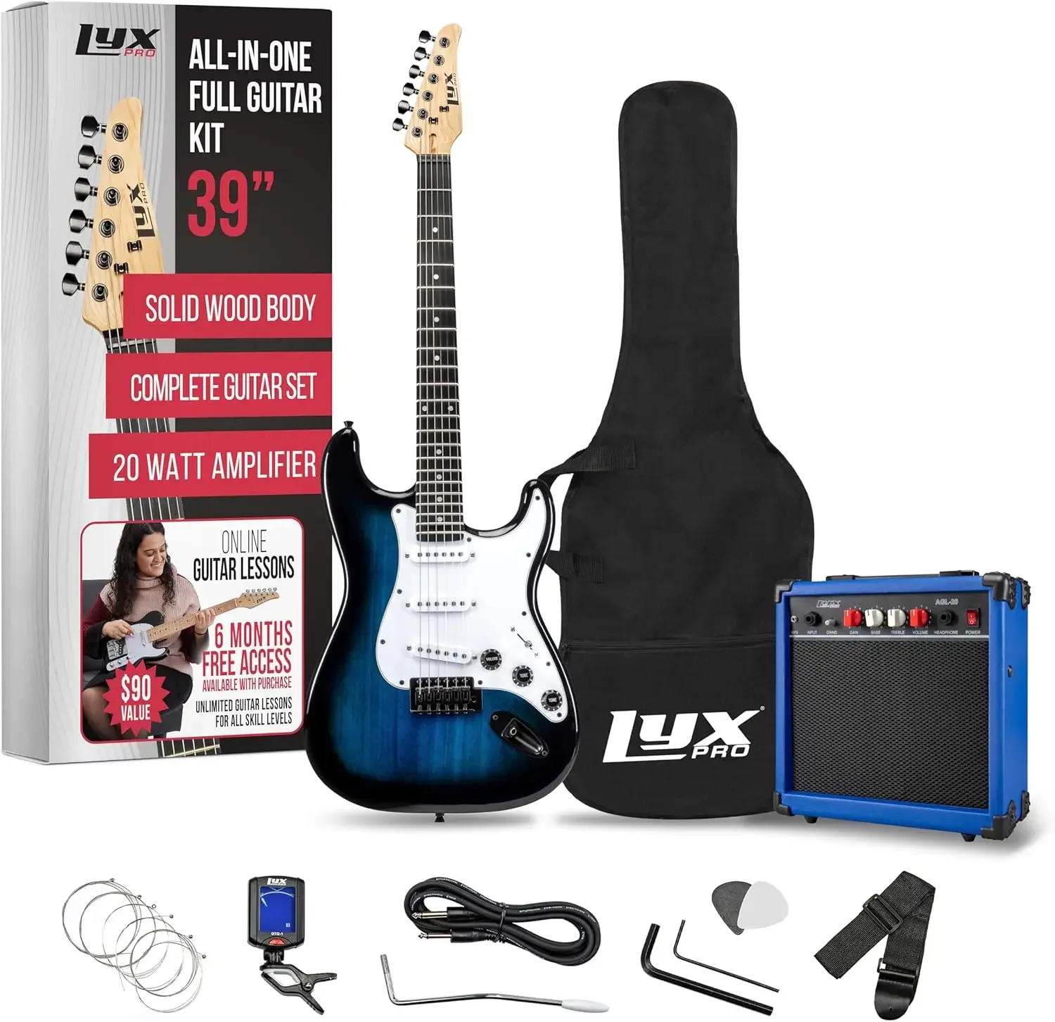 39 inch Electric Guitar Kit Bundle with 20w Amplifier, All Accessories, Digital Clip On Tuner, Six Strings, Two Picks, Tr