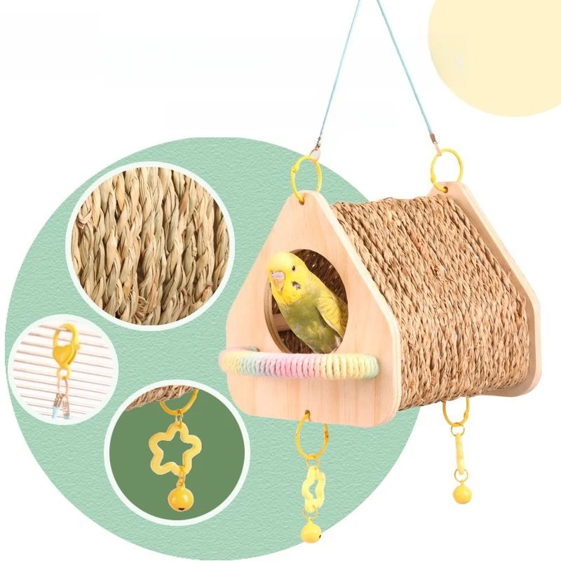 

Parrot's Nest Hanging Straw Tunnel Sleeping Nest Wooden Bird House Pet Cage Accessory for Parrots and Hamsters Bird House Tent