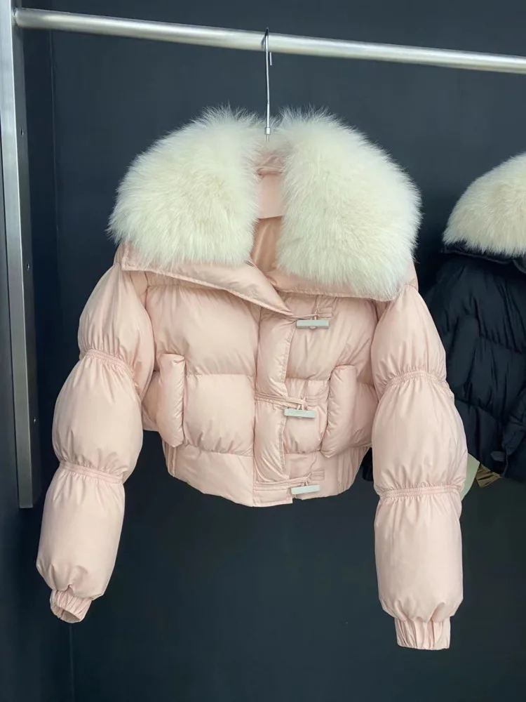 

2025 зимние новые женские теплые парки, корейские модные парки с меховым воротником, короткие теплые парки с роговой пряжкой и длинными рукавами, утепленные стеганые парки