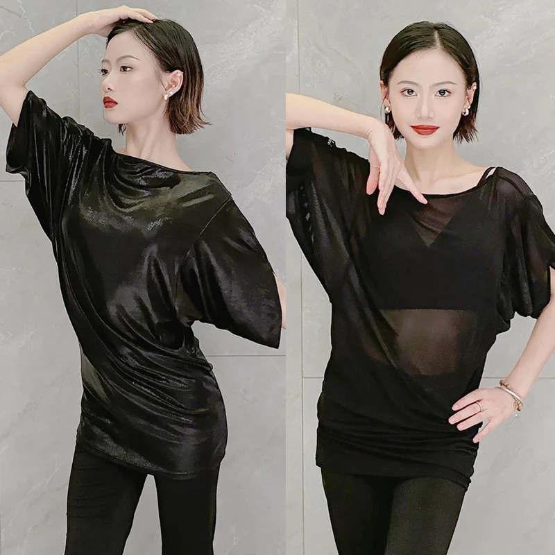 ملابس رقص لاتينية سوداء لامعة للسيدات ملابس ممارسة فضفاضة بأكمام قصيرة ملابس رقص رومبا سامبا تشا تشا ملابس علوية للكبار DNV24751