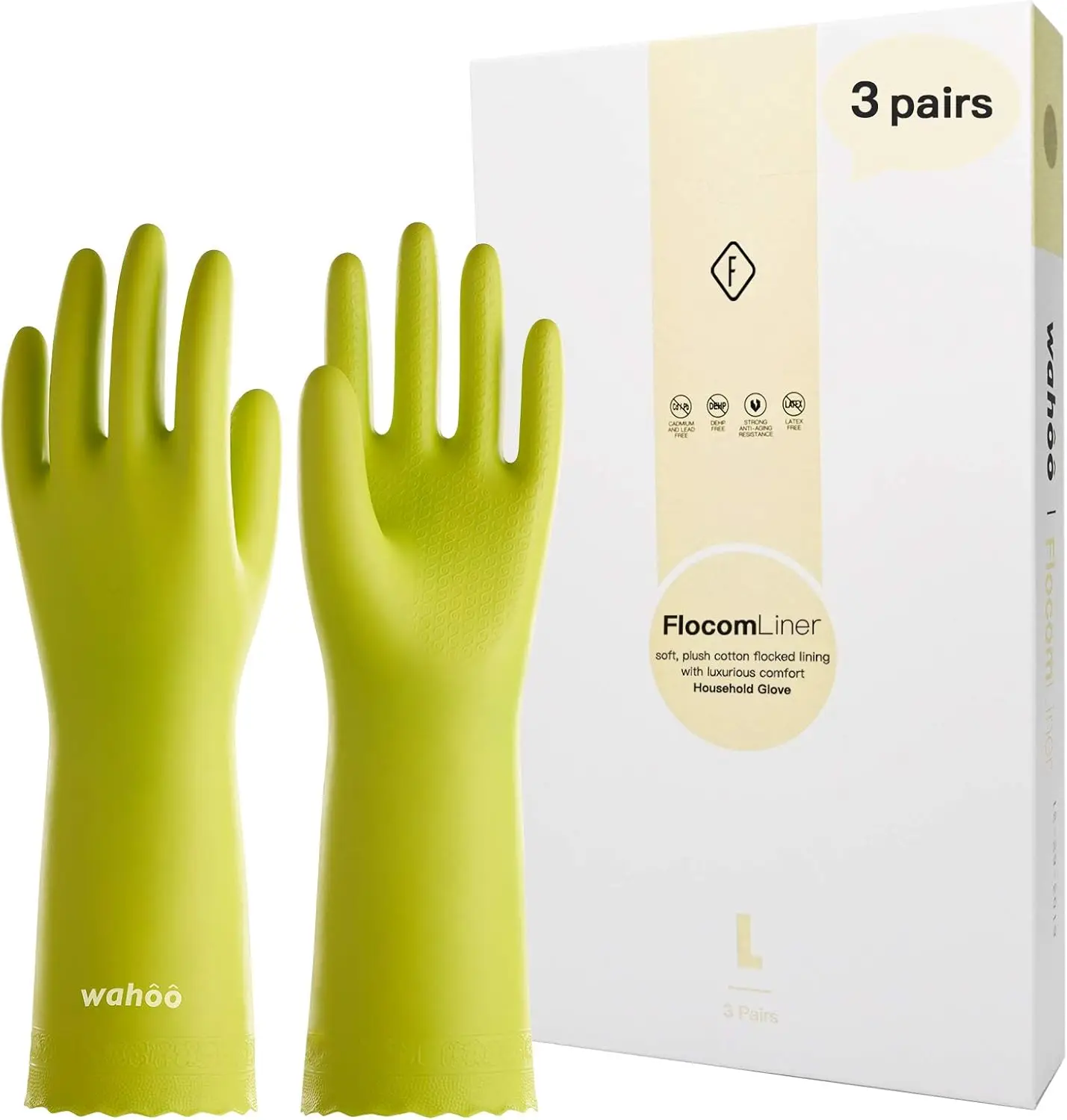 

3 Pairs Skin-Friendly Cleaning Gloves, Dishwashing Kitchen Gloves with Cotton Flocked Liner, Reusable, Non-Slip, Medium