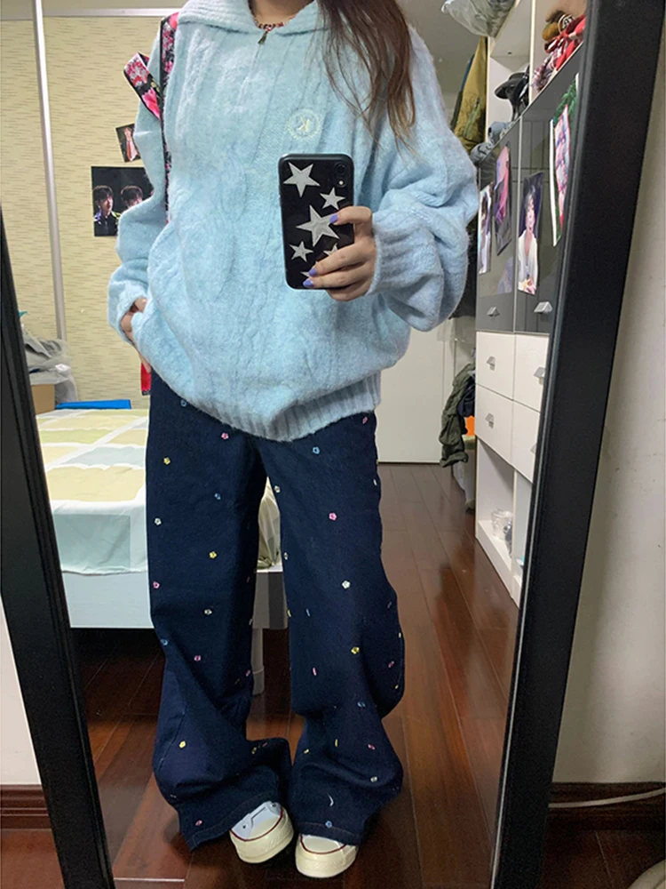 

Женские джинсы больших размеров с цветочной вышивкой, темно-синие, с высокой талией, прямые, для фигуры типа «груша», осенние