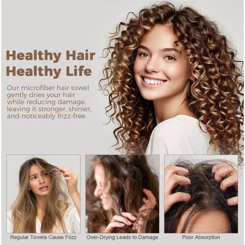 2 Pack Large Microfiber Hair Towels - 40 x 26.5 for Long, Thick, Curly Hair - Anti-Frizz Wrap with Elastic Strap, Black/Grey view 5