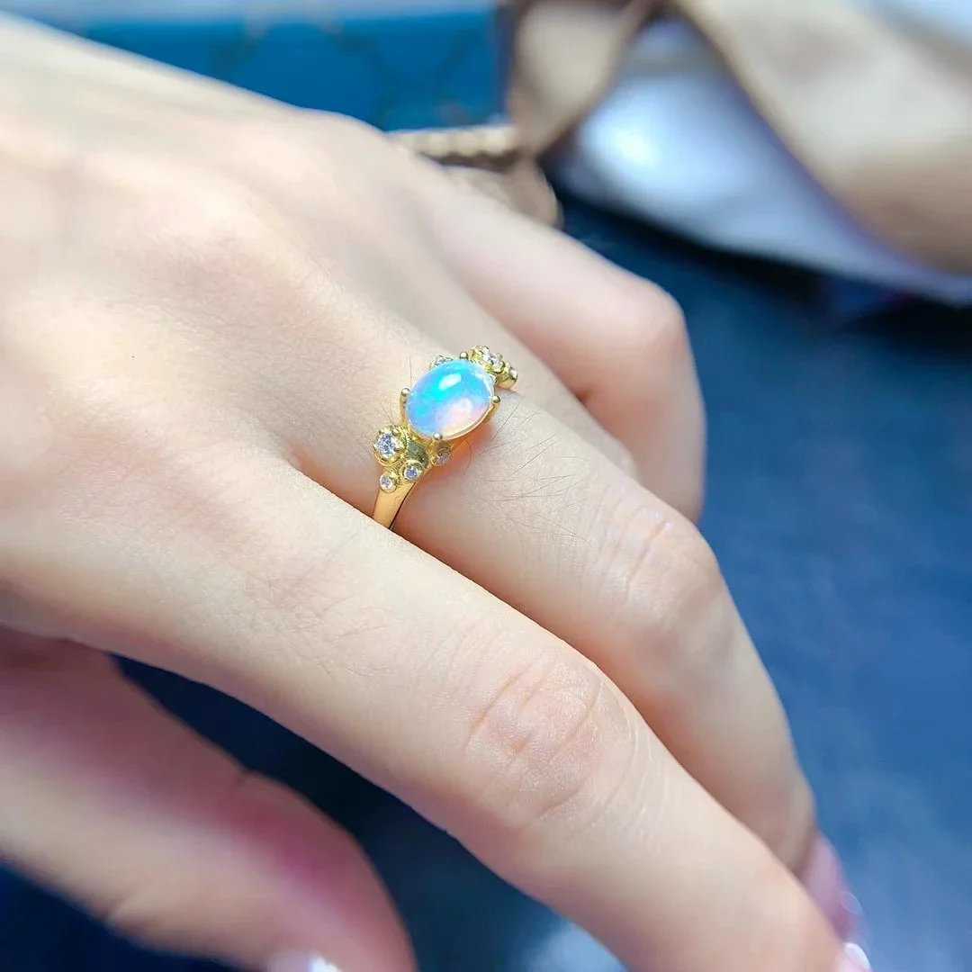 Natural White Opal Ring 6mm*8mm Genuine Australian Opal 925 Silver Ring for Daily Wear 18K Gold Plated Gemstone Jewelry