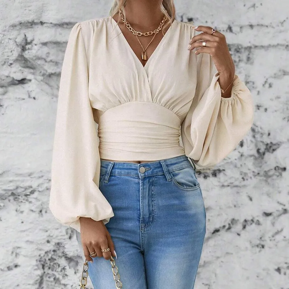 Women Beige Puff Sleeve Blouse Sexy V Neck Slim Solid Office Lady Cinched Waist Pink Black One-pieces Pullver Shirts Fall Tops