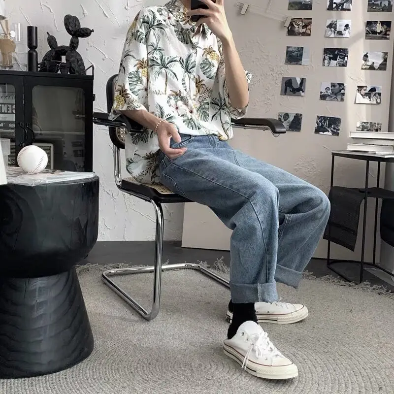 Men's Holiday Casual Short Sleeve Aloha Hawaiian Shirt Short Sleeve Palm Tree Printed Tropical Aloha Blue Shirts Camisa Hawaiana