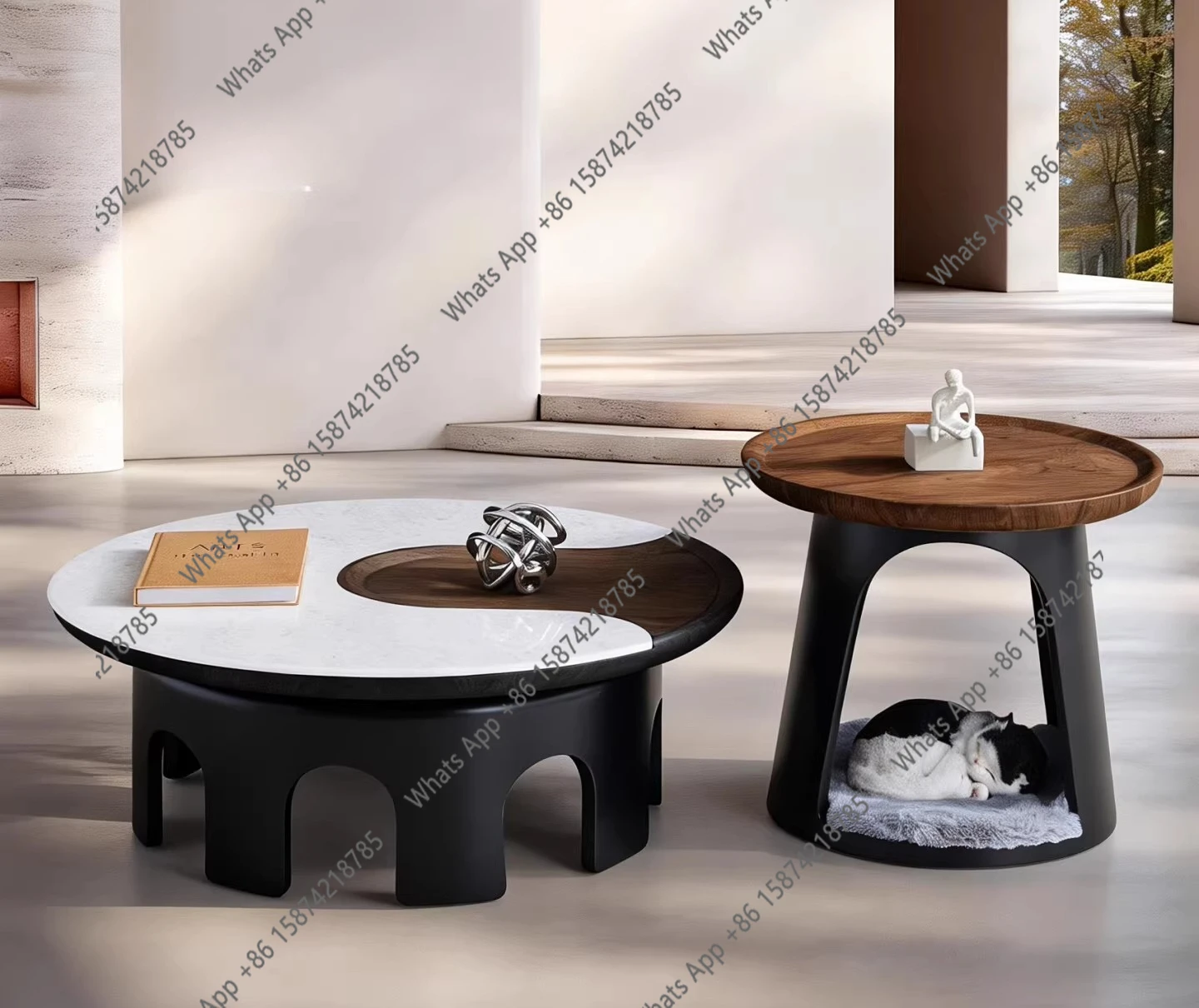 Medieval style coffee table combination round coffee table with cat nest living room home creative designer small apartment