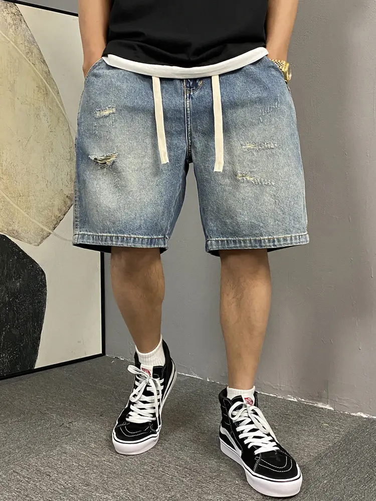 American Style Casual Washed Vintage Hole Jeans Shorts Men Summer New Straight Loose Trendy Brand Five-Point Pants