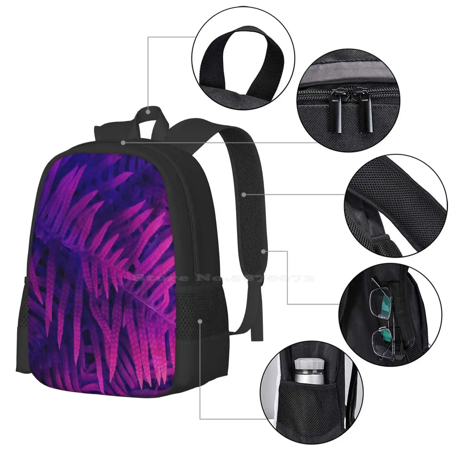 Ferns Hot Sale Schoolbag Backpack Fashion Bags Fern Leaf Foliage Pink Blue Plant Nature Fluo Color Nice Cute Lovely Beautiful image 4