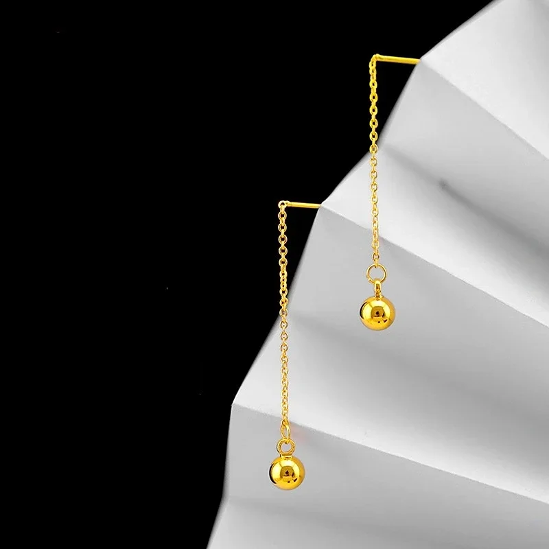 Real 24K Gold Drop Earrings Fine Jewelry, 999 Gold Luck Bead O Link Box Chian Earrings Luxury Jewelry for Women Wedding Gifts