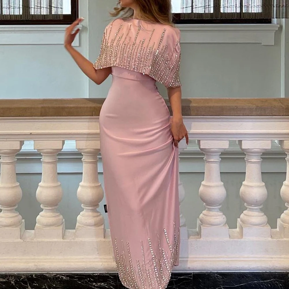 Straight Back Slit Crew neck Satin Short Sleeves Photo Color Graceful and Formal Evening Dresses Crystal Pleats Saudi Arabi 2024