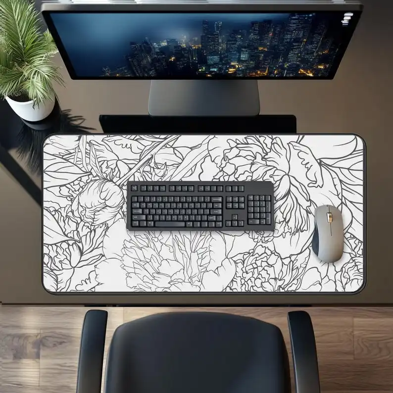 Black and White Floral Pattern Placemat,elegant and Unique Mouse Pad,stylish Desk Mat,modern Office Desk Accessory,desk Mat Gift