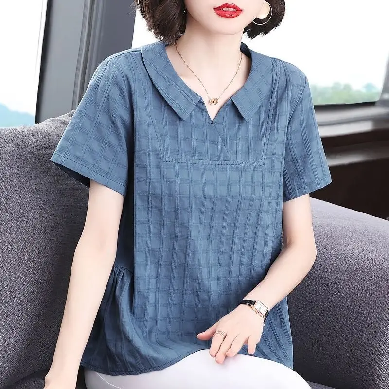 2024 Summer Women Korean Fashion Plaid Elegant Blouse Casual Solid Loose Cotton Shirt Simple Short Sleeve Tops Blusas Para Mujer