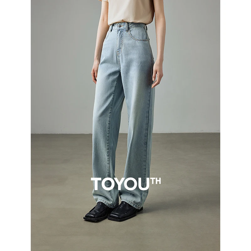 

TOYOUTH Women Denim Jeans 2024 Summer New High Waist Straight Wide Leg Trouser Streetwear All-Match Casual Embroidered Pants