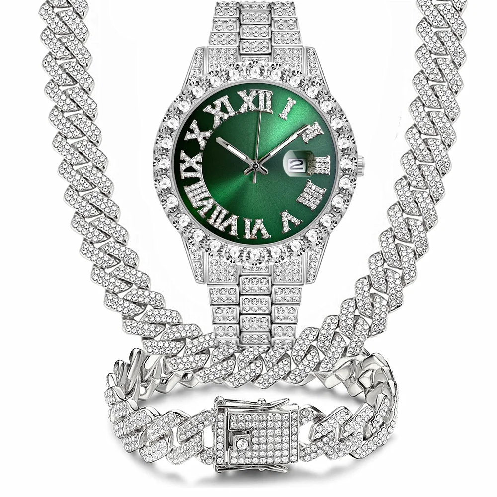 

smvp Red Green Blue Dail Watches Necklace Bracelet Jewelry Set for Men Bling Gold Silver Diamond Man Iced Out Cuban Chains Clock