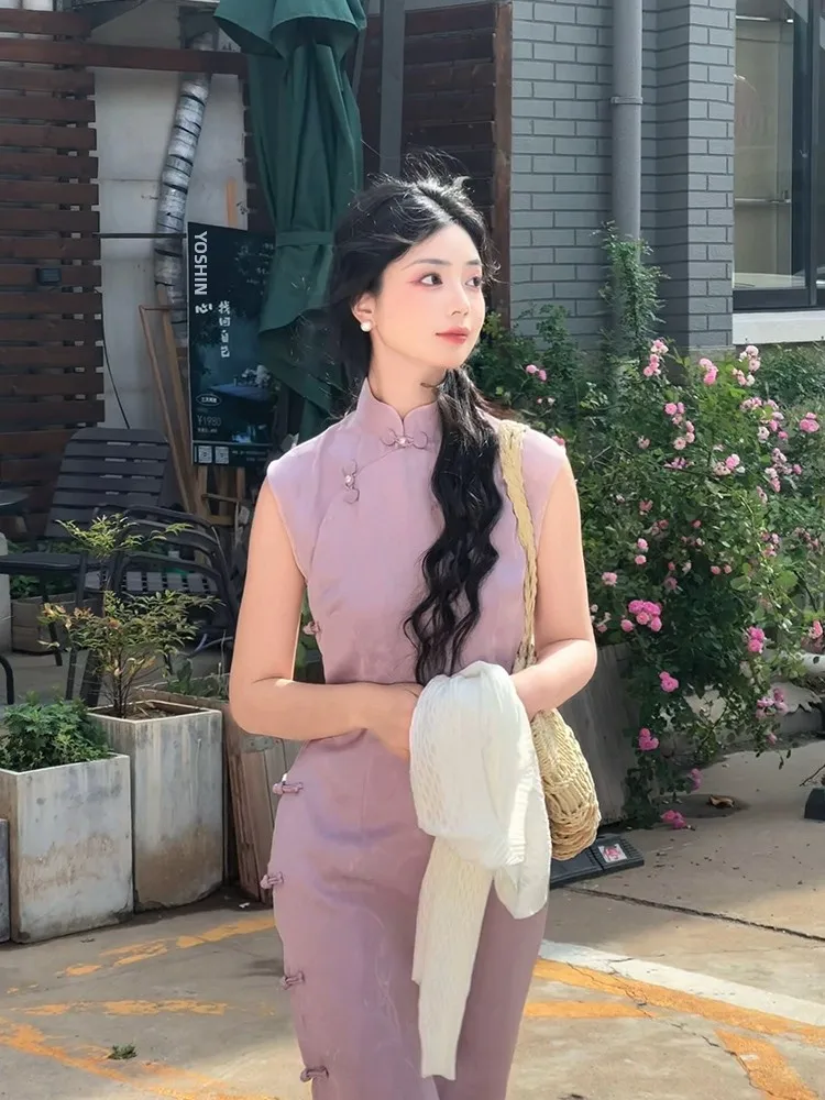 

Ele Violet Vintage Sle Full Open-Front Svel Dr Women Summer 2025 New Breathable Long Chinese Sle D...