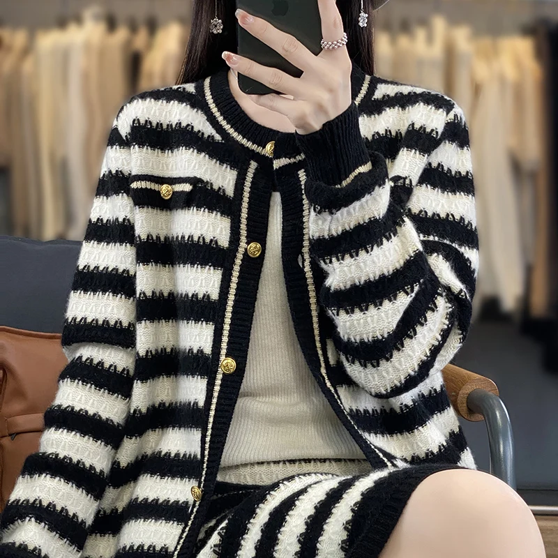 

2024 New Women Striped Cashmere Cardigan Autumn Winter O-neck Long Sleeve Sweater 100% Merino Wool Knitwear Female Clothing