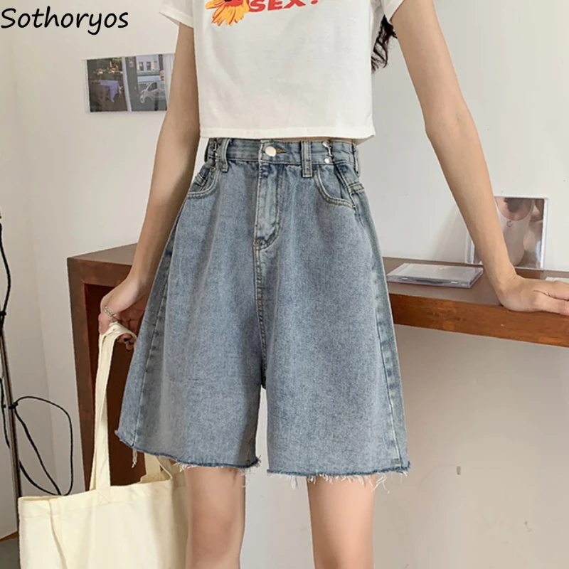 

Summer Denim Shorts Women Vintage Loose Raw Edge Tender Ulzzang Fashion Washed High Waist Hotsweet All-match Holiday Personality