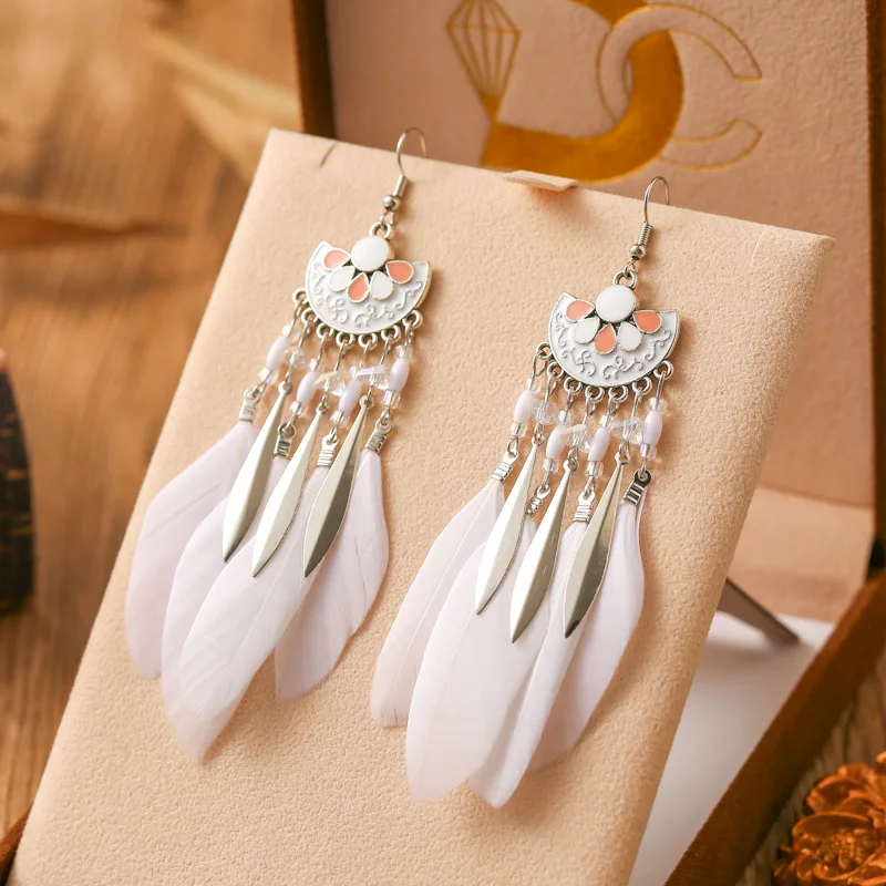 Neue Tropfen Öl Fanförmige Feder Ohrringe für Frauen Mode Böhmischen Lange Silber Farbe Metall Reis Perle Baumeln Ohrring Schmuck – Detail 12