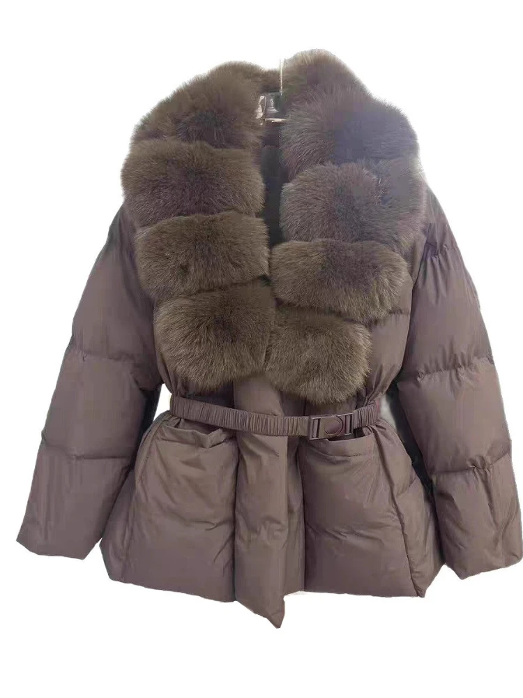 Piumino con collo in pelliccia di volpe grande 2025 Inverno Nuovo piumino d'anatra da donna addensato caldo vita di media lunghezza Parka Outwear