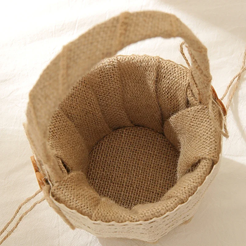 1pc Rustic Burlap Flower Girl Baskets Burlap Ring Bearer Pillows Petals Basket for Vintage Wedding Ceremony Heart Ring Holder