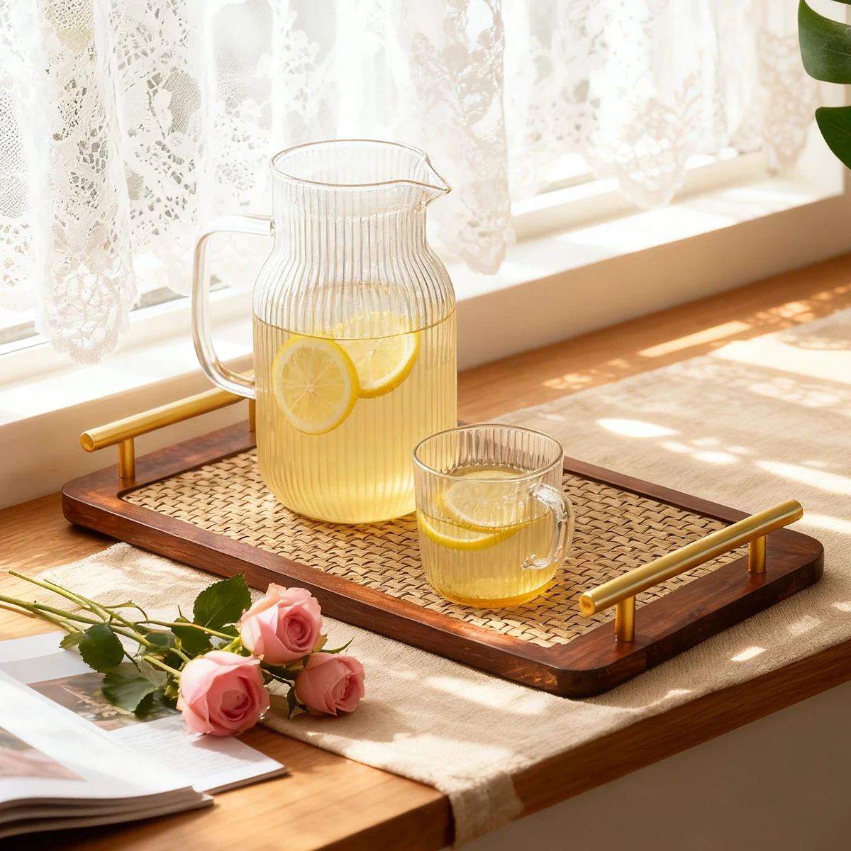 1pc Metal-Handled Tray, Lightweight Reed-Inlaid Solid Wood Design For Displaying Cakes, Desserts, Fruits And Beverages.