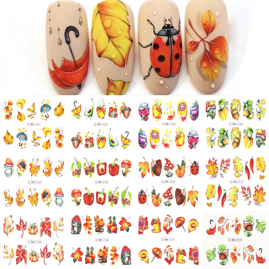 12pcs Autumn Ladybug Nail Water Decals Halloween Pumpkin Adhesive Nail Supplies Manicure Stickers Sliders For Nails Decoration