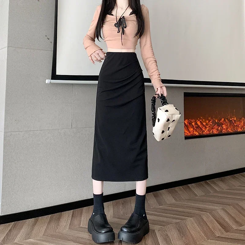 2024 Autumn Winter New Wrinkled Split Skirt Black Slim Midi Long Skirt  Korean Style