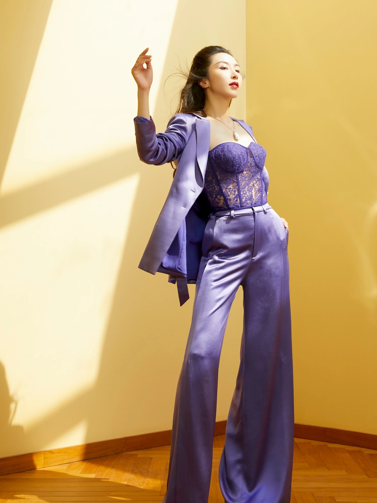

Ele Acetate Purple Leather Texture Suit with Wide Leg Pants And Carved Floral Design for Modern Women Commute Faion Set