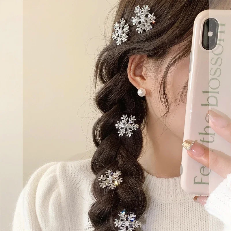 Snowflake Rhinestone Pearl Hair Clips Crystal Hairpin Women Barrettes Wedding Christmas Ornaments Hair Accessories Headwear Gift