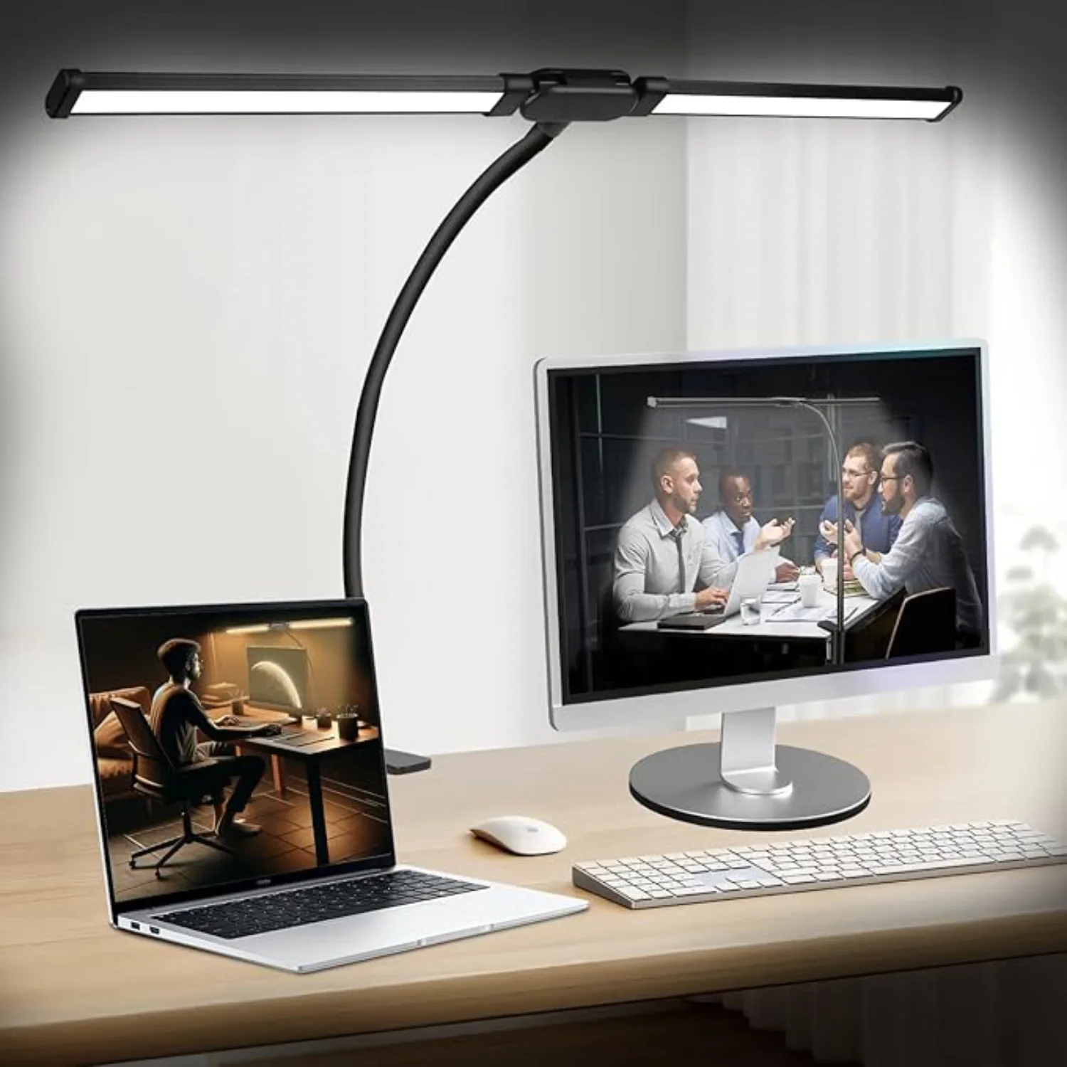 Home Office LED Desk Lamp with Clip on Dual Head Computer Monitor Adjustable and Flexible Clip on Lamp with Gooseneck Design