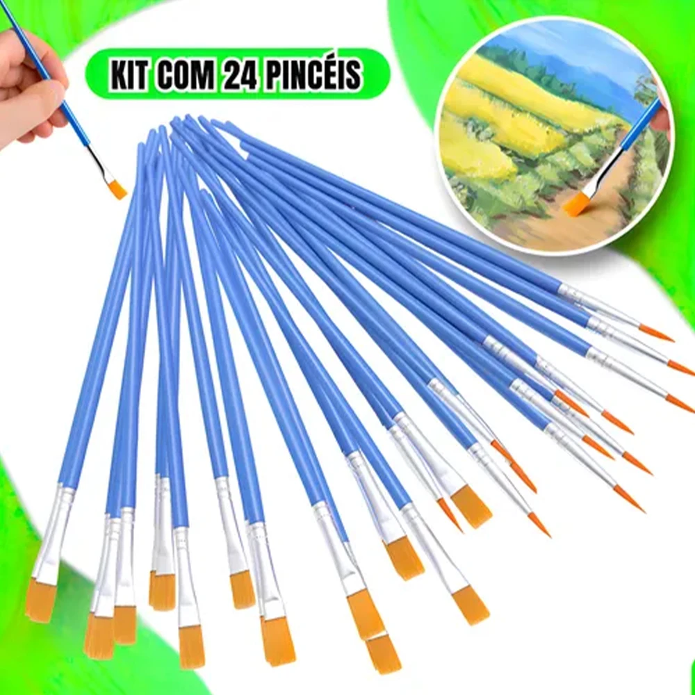 Kit 12/24 Pincéis Profissionais Chatos Lineares de Nylon Atóxicos, Não Solta Pelo Para Artistas e Estudantes em Tela e Artesanato