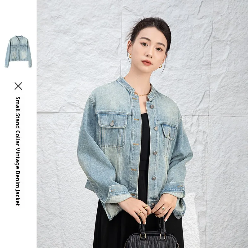

Xingguo Vintage Denim Short Jacket Women's Spring New Washed Casual Loose Light Color round Neck Long Sleeve Cotton Blend
