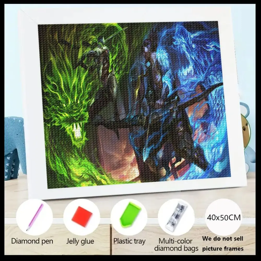 

5D DIY Diamond Painting Kit 40x50CM Fantasy Dragon & Warrior Scene с инструментами, без рамки - Crystal Full Drill Diamond Art Craf