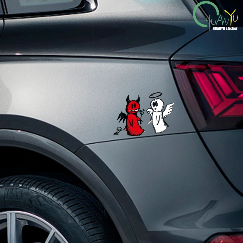 Hollow car stickers with angel and demon hand drawn style cartoon car motorcycle electric vehicle waterproof stickers