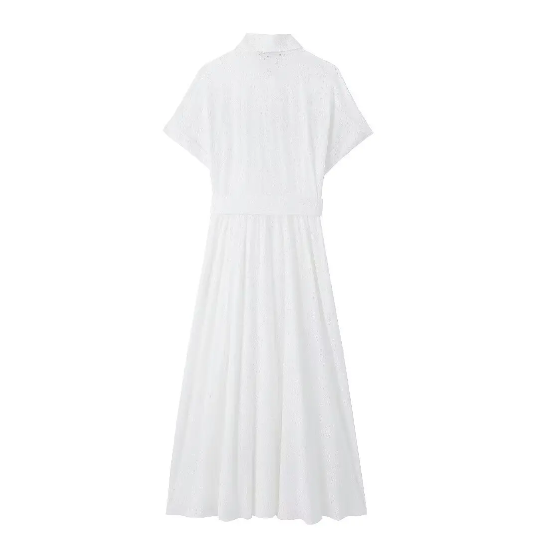 Tangada 2024 Summer Women Cotton Embroidery Dress With Slash Short Sleeve Female Midi Dress 3H0483