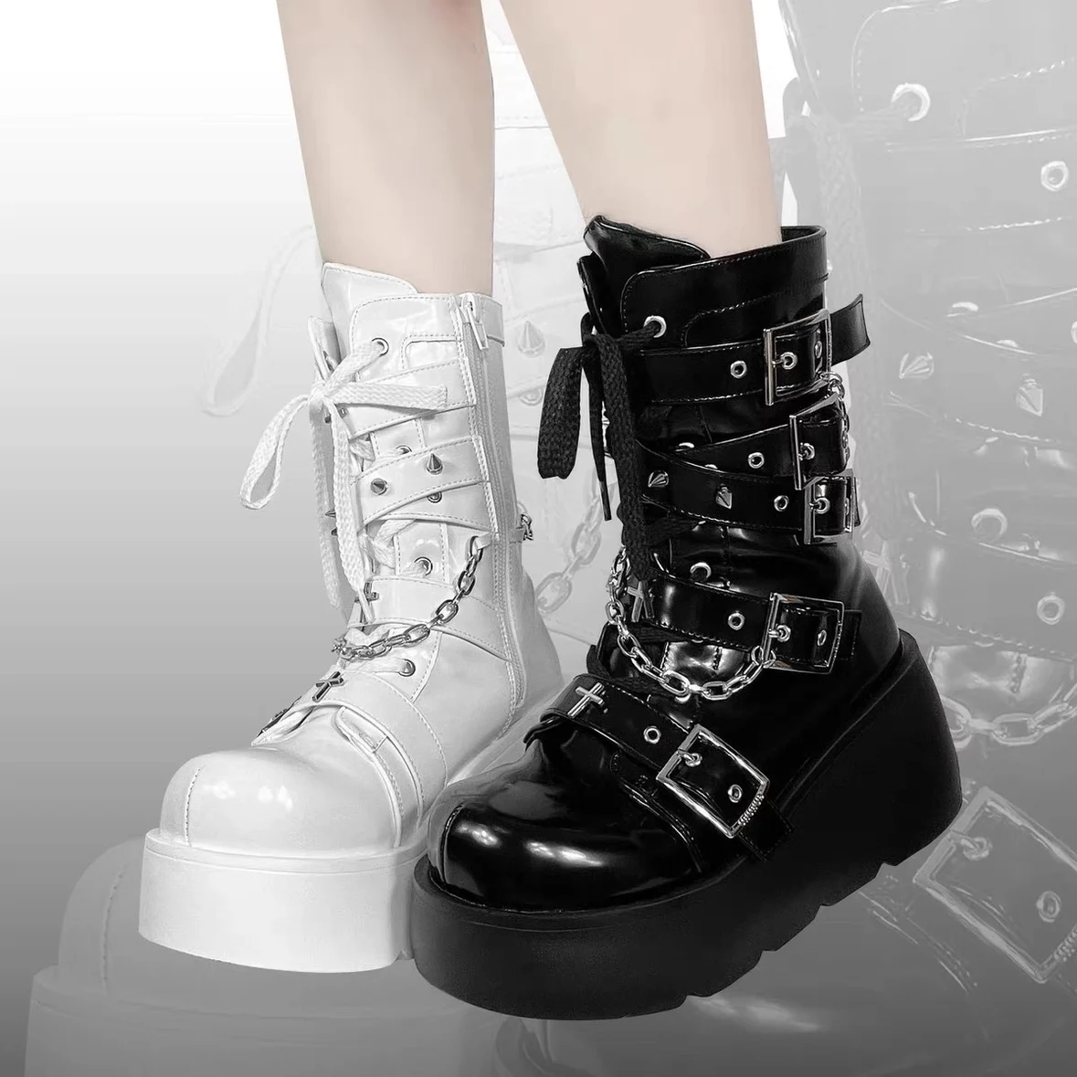 

Lolita Thick Sole Boots Cross Sweet Cool Y2K Spicy Girls Punk Rock Style Round Head Versatile Thick Sole Boots