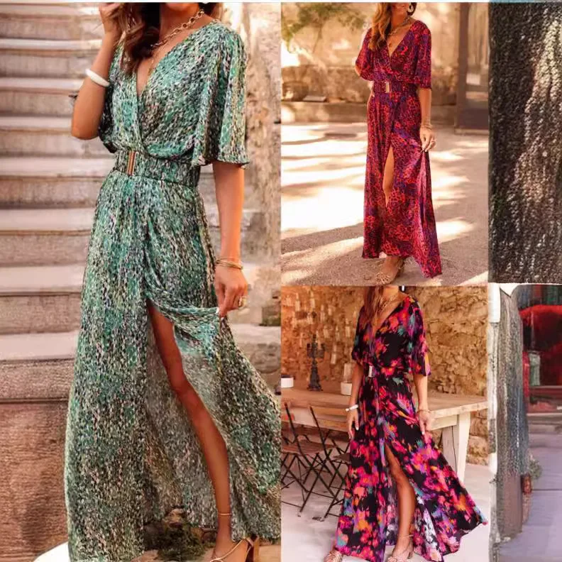 New Spring Summer Printed Dress Short-sleeved Deep V-neck Slimming Waist Mid-length Skirt Temperament Full Slit Dress