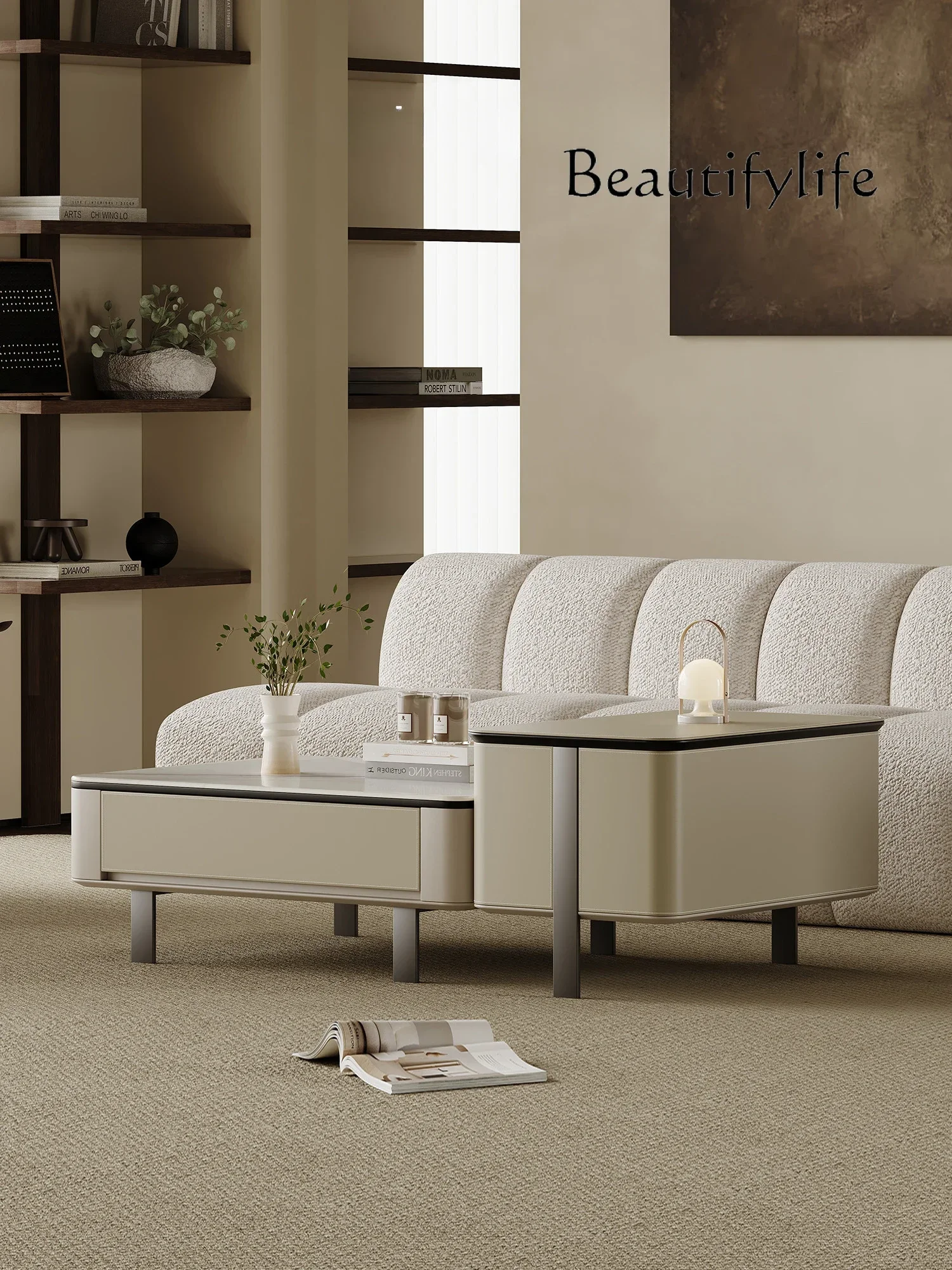 

журнальный столик Simple Saddle Leather Tea Table Living Room Home High-Grade Artistic Designer Square High and Low Tea Table