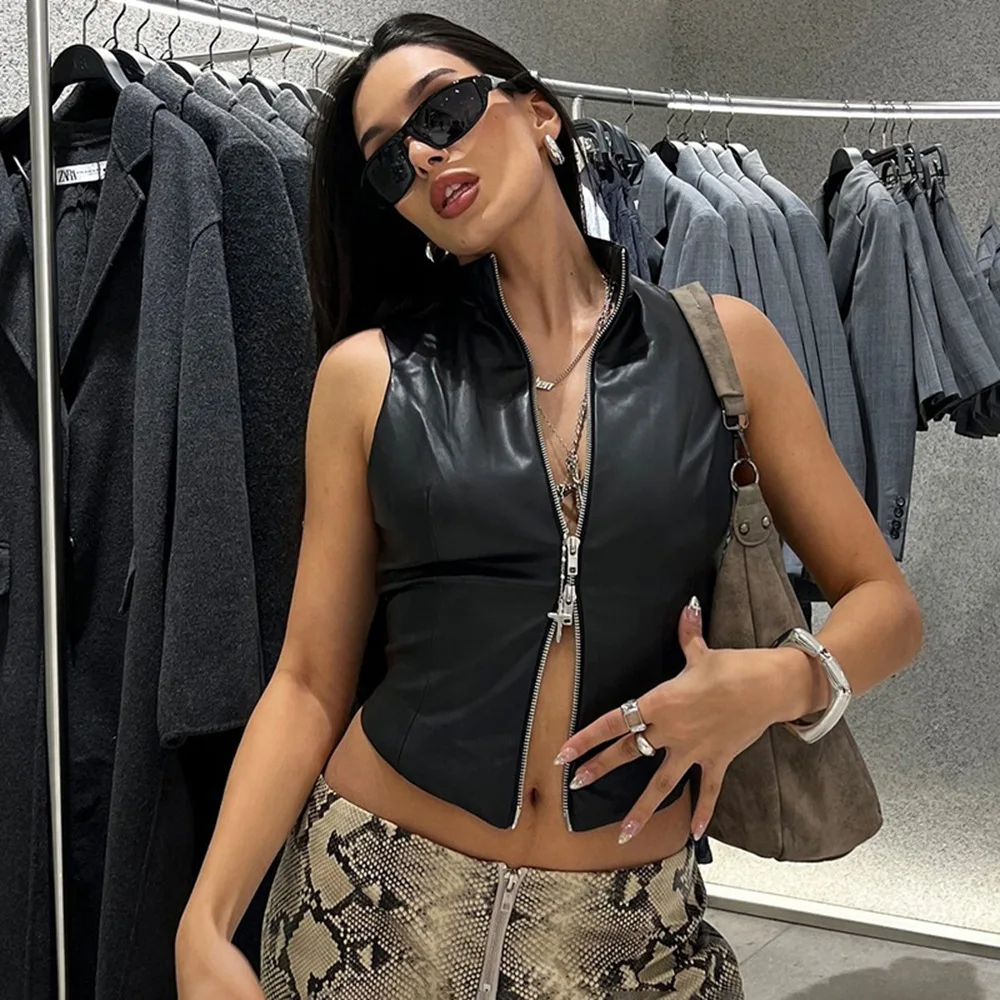 

European and American style 2025 autumn new women's clothing fashion stand-up collar sexy backless slim PU small vest women