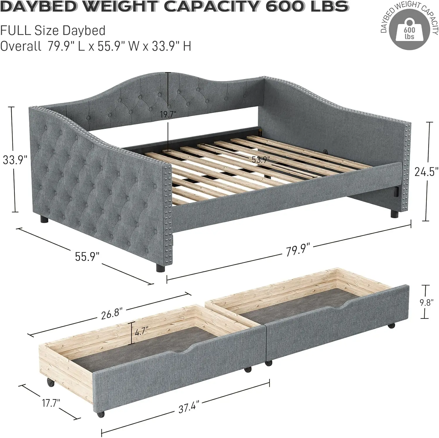 Upholstered Full Size Day Bed Frame in Linen Fabric and Full Wood Slats, No Box Spring Needed, Grey