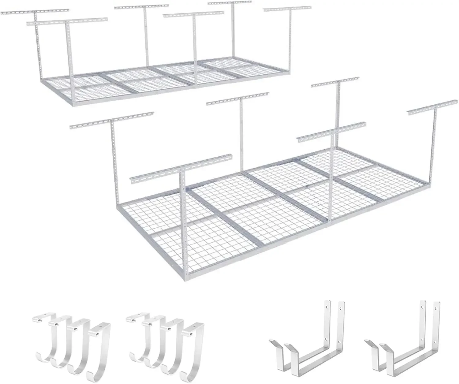 

FLEXIMOUNTS 2-Piece Overhead Garage Storage Rack Set W/Hooks Adjustable Ceiling Rack 96" Length X 48" Width X 40" Heigh White